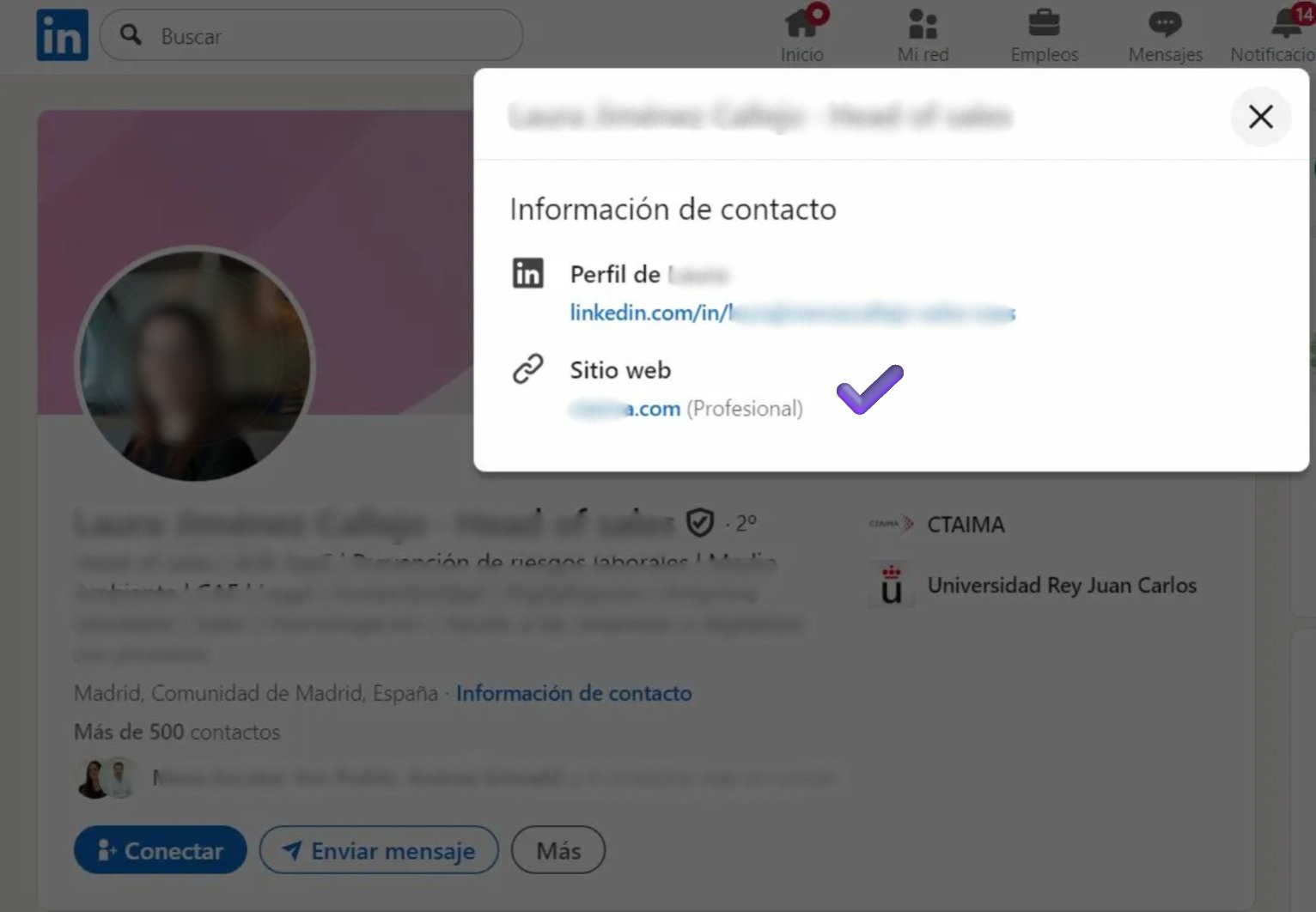 Perfil LinkedIn con sitio web